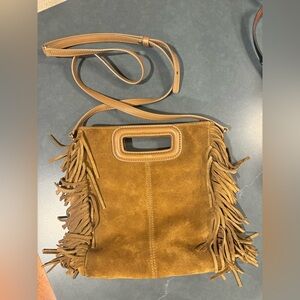 MAJE tan, suede fringe bag. Shoulder/crossbody strap.